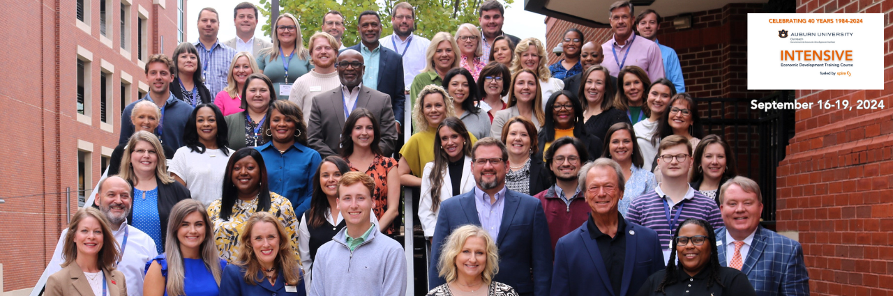 Group photo of September 2024 Intensive course participants and text: Celebrating 40 years 1984-2024. Auburn University Outreach Government & Economic Development Institute. Intensive Economic Development Training Course fueled by Spire.